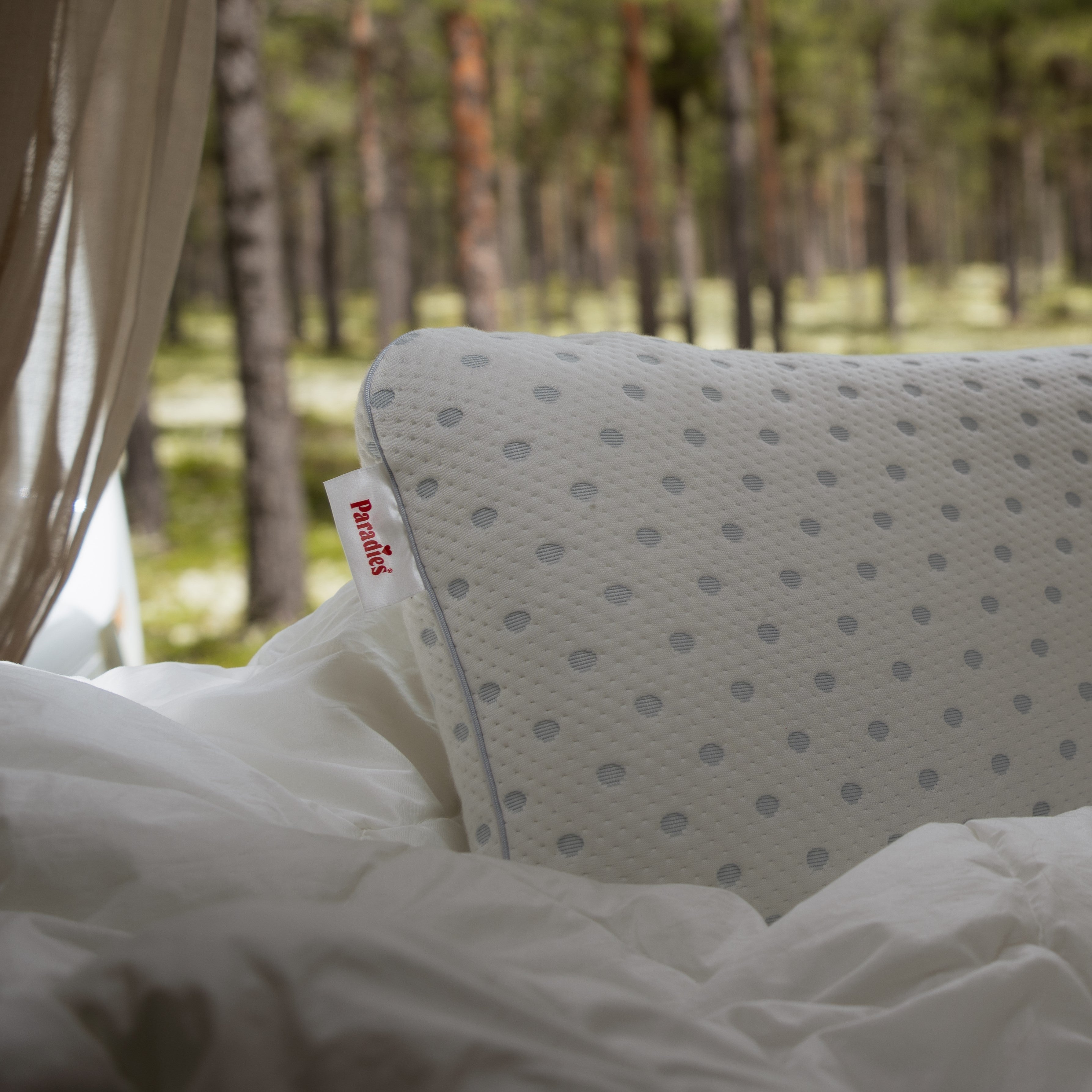 Das Paradies Flexogel Dream mit blauen Punkten auf dem Bezug liegt auf einem Bett mit weißen Laken. Im Hintergrund sind verschwommene Bäume und eine grüne Wiese sichtbar. Am Kissen ist ein rotes Etikett mit dem Schriftzug Paradies angebracht.